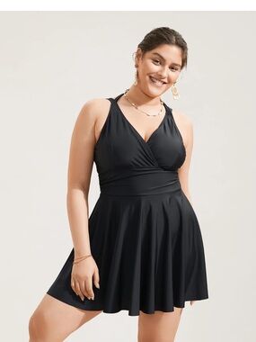 NWOT Bloomchic Women’s Solid Ruffle Hem Empire Waist Halter Neck Swim Dress